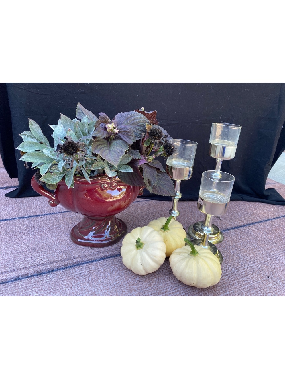 Romantic goth Halloween decor tablescape flowerpot candlesticks